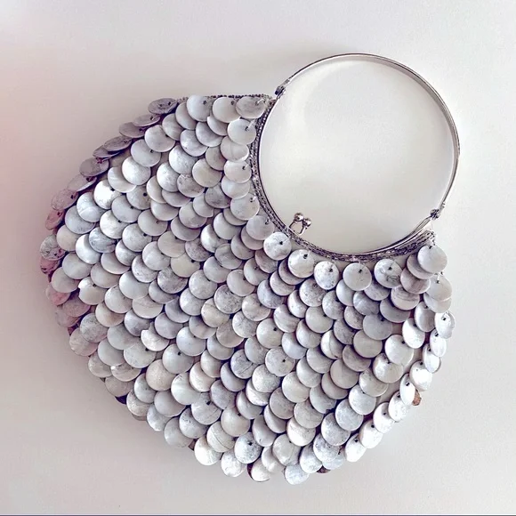 CAPIZ SHELL SEQUINED BEADED TOP HANDLE CLUTCH BAG - Picture 1 of 6